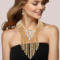 Stone Embellished Ball Fringe Statement Necklace