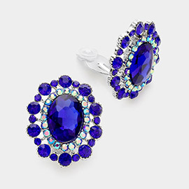 Oval Stone Accented Clip on Evening Earrings