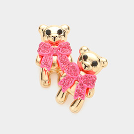 Rhinestone Embellished Bow Bear Stud Earrings