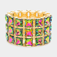 3Rows Square Stone Stretch Evening Bracelet