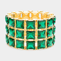 3Rows Square Stone Stretch Evening Bracelet