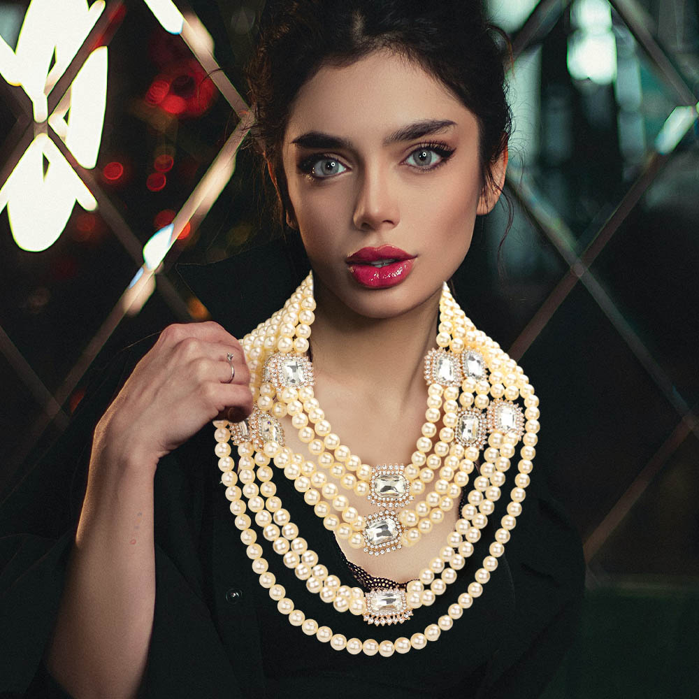 Stone Embellished Multi Layered Pearl Bib Necklace