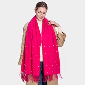 Pearl Embellished Solid Fringe Oblong Scarf