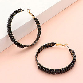 Rectangle Bead Trimmed Raffia Wrapped Hoop Earrings