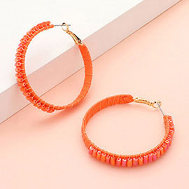 Rectangle Bead Trimmed Raffia Wrapped Hoop Earrings