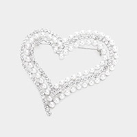 Pearl Rhinestone Embellished Open Heart Pin Brooch