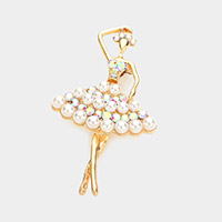 Round Stone Pearl Embellished Ballerina Pin Brooch