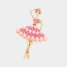 Round Stone Pearl Embellished Ballerina Pin Brooch