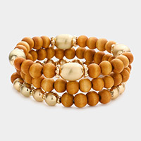 3PCS - Wood Ball Metal Beaded Stretch Bracelets