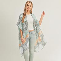 Floral Leaf Patterned Cover Up Kimono Poncho