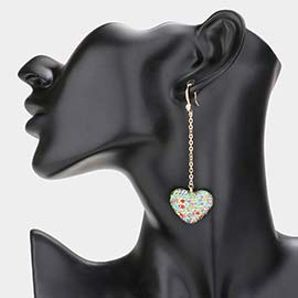 Dropped Rhinestone Pave Heart Dangle Earrings