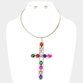 Glass Stone Embellished Cross Pendant Necklace