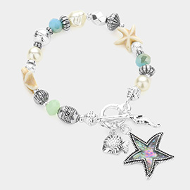 Abalone Starfish Metal Fish Seahorse Charm Pearl Beaded Stretch Toggle Bracelet