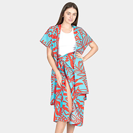 Leaf Patterned Cover Up Kimono Poncho