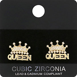 CZ Queen Message Crown Stud Evening Earrings