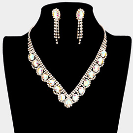 Oval Stone Accented V Shaped Rhinestone Necklace Clip on Earring Set