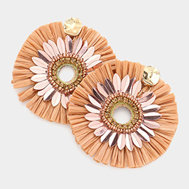 Stone Embellished Floral Raffia Dangle Earrings