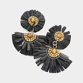 Stone Embellished Floral Raffia Link Dangle Earrings