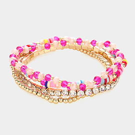 4PCS - Metal Ball Rhinestone Heishi Beaded Stretch Bracelets