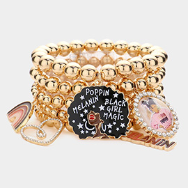 5PCS - Black Girl Magic Message Afro Girl Rainbow Heart Charm Metal Ball Beaded Stretch Bracelets