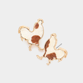 Genuine Leather Calf Animal Patterned Rooster Stud Earrings