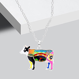 Flower Patterned Cow Pendant Necklace