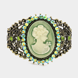 Cameo Centered Stone Trimmed Metal Hinged Bracelet