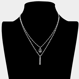 Secret Box _ Rhinestone Peace Sign Bar Pendant Double Layered Necklace