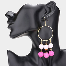 Open Metal Circle Raffia Wrapped Ball Link Dangle Earrings