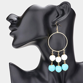 Open Metal Circle Raffia Wrapped Ball Link Dangle Earrings