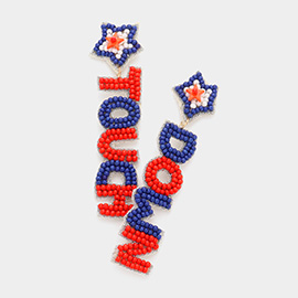 Felt Back American USA Flag Seed Beaded Star Touch Down Message Dangle Earrings