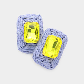 Emerald Cut Stone Accented Raffia Rectangle Earrings