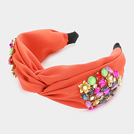 Pearl Centered Flower Multi Stone Embellished Twisted Headband