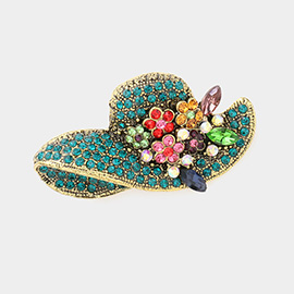 Flower Hat Rhinestone Pave Pin Brooch