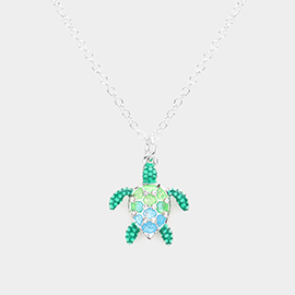 Rhinestone Embellished Enamel Turtle Pendant Necklace