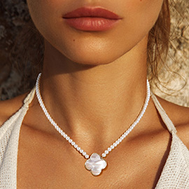 White Gold Dipped Mother of Pearl Quatrefoil Pendant Necklace