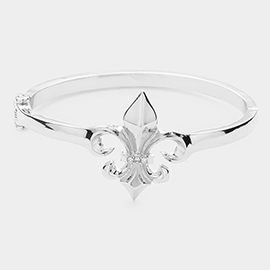 Rhinestone Embellished Metal Fleur de Lis Hinged Bracelet