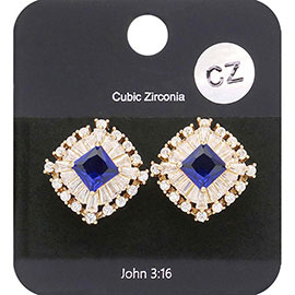 CZ Square Stone Accented Stud Evening Earrings