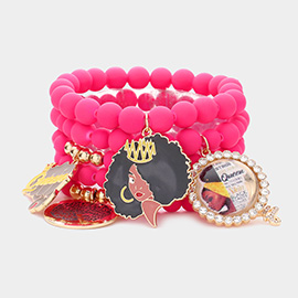 5PCS - Queen Message Afro Girl Charm Beaded Stretch Bracelets