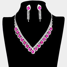 Oval Stone Accented V Shaped Rhinestone Necklace Clip on Earring Set