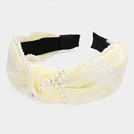 Pearl Embellished Flower Patterned Knot Burnout Headband