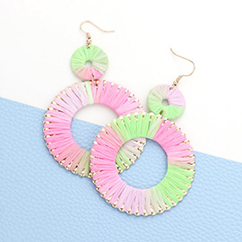 Raffia Wrapped Double Open Circle Link Dangle Earrings