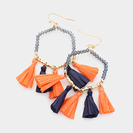 Game Day Beaded Open Hexagon Raffia Tassel Link Dangle Earrings