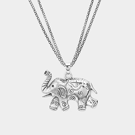 Textured Metal Elephant Pendant Double Chain Metal Long Necklace