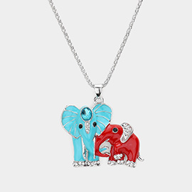 Oval Stone Accented Enamel Elephant Pendant Necklace