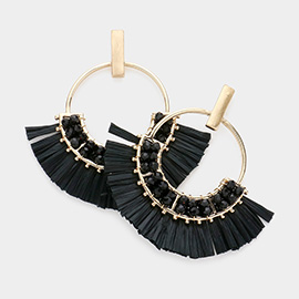 Open Circle Raffia Fringe Dangle Earrings