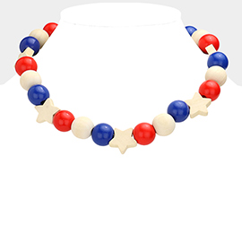 American USA Flag Wood Star Ball Collar Necklace