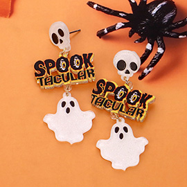 Spooktacular Message Glittered Resin Skull Ghost Link Dangle Earrings