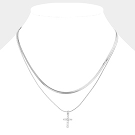 Rhinestone Embellished Cross Pendant Double Layered Necklace