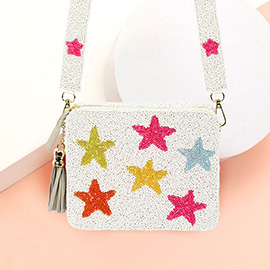 Seed Beaded Star Patterned Rectangle Tassel Crossbody Bag